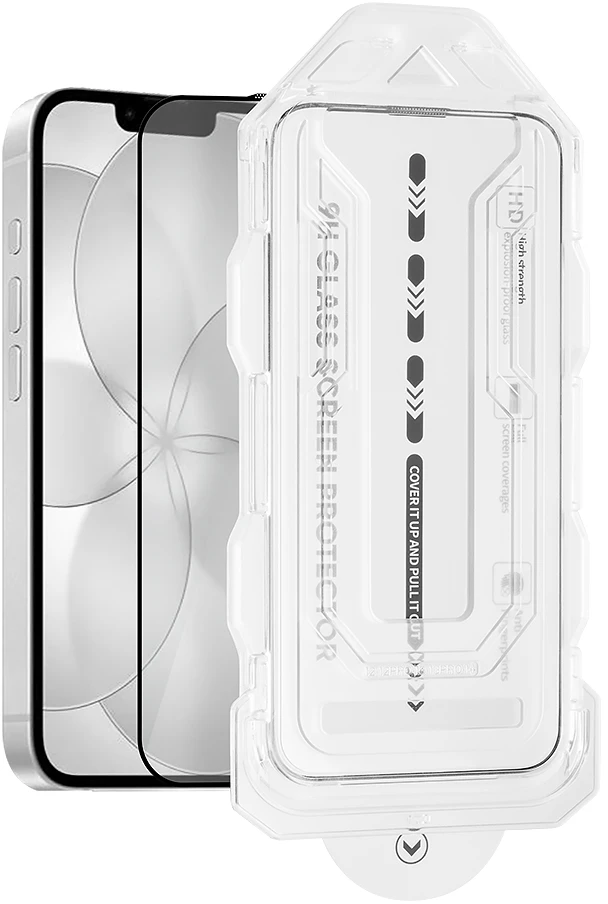 OBAL:ME 5D stiklinis ekrano apsauginis filtras su aplikatoriumi, skirtas Apple iPhone 13/13 Pro/14/16e/17e, juodas
