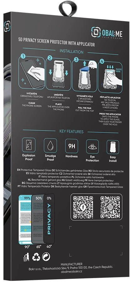 OBAL:ME Privacy 5D stiklinė ekrano apsauga su aplikatoriumi, skirta iPhone 18 Pro, juoda
