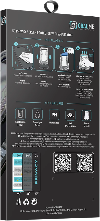 OBAL:ME Privacy 5D stiklo ekrano apsauga su aplikatoriumi Apple iPhone 13/13 Pro/14/16e/17e juoda...
