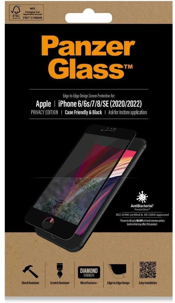 Panzer Glass PanzerGlass | Apple | iPhone 6/6s/7/8/SE (2020) | Hibridinis stiklas | Juodas | Anti-glare danga; Mėlyna šviesos mažinimas | Privatumo filtras