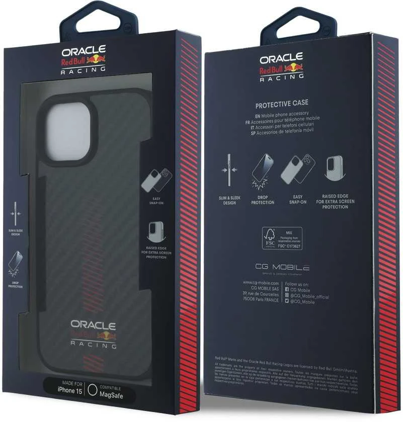 Red Bull Raudona Bull Raudona Bull Carbon Powerbar MagSafe dėklas jūsų Apple iPhone 15 juodos spalvos