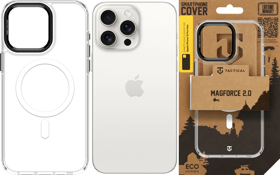 Dėklas Tactical MagForce 2.0 phone case with MagSafe support for iPhone 15 Pro Max transparent juodas