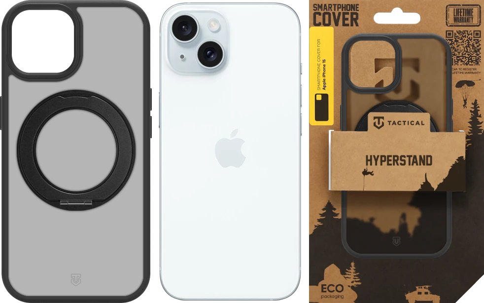 Dėklas Tactical MagForce Hyperstand dangtelis Apple iPhone 15, asfalto spalvos