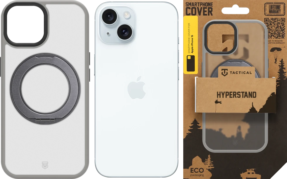Dėklas Tactical MagForce Hyperstand dangtelis Apple iPhone 15, šviesiai pilkas