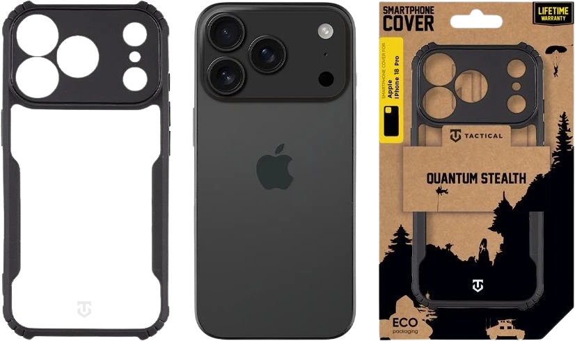 Dėklas Tactical Quantum Stealth dangtelis, skirtas Apple iPhone 18 Pro, permatomas/juodas