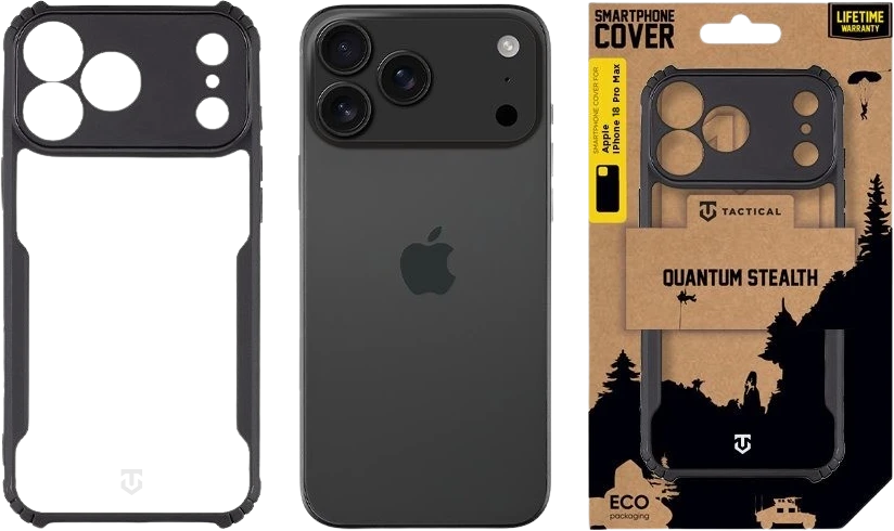 Dėklas Tactical Quantum Stealth Cover, skirtas Apple iPhone 18 Pro Max, skaidrus/juodas