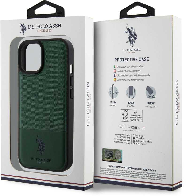 U.S. Polo PU odos tinklinio rašto dvigubas arklio dėklas, skirtas iPhone 15 Žalias