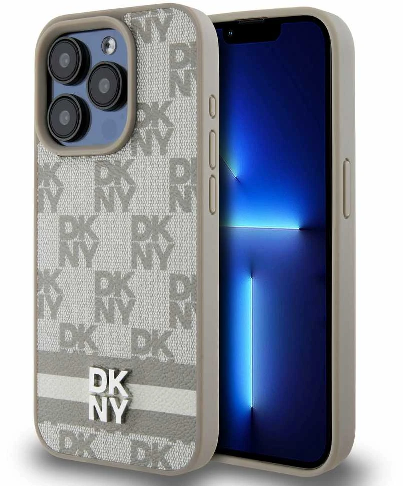 DKNY PU Leather Checkered Pattern and Stripe dėklas telefonui Apple iPhone 15 Pro Max rusvai gelsvas