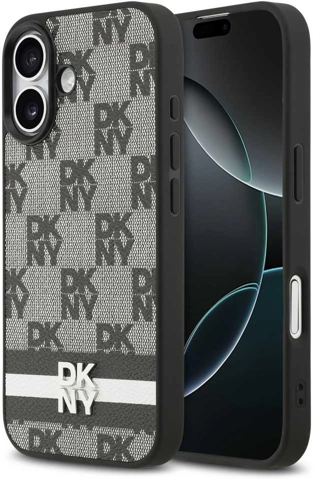 DKNY PU Leather Checkered Pattern and Stripe dėklas skirtas Apple iPhone 17 juodos spalvos