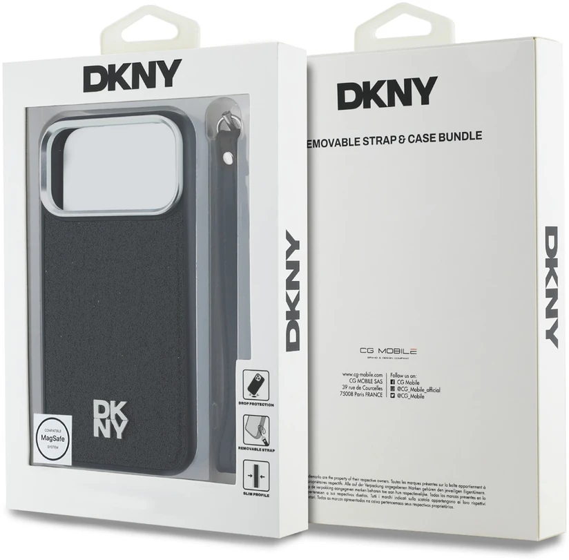 DKNY PU odos dėklas su fiksuotu blizgančiu dirželiu ir Magsafe funkcija, skirtas iPhone 18 Pro Max, juodas