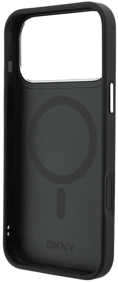 DKNY PU odos dėklas su fiksuotu blizgančiu dirželiu ir Magsafe funkcija, skirtas iPhone 18 Pro, juodas