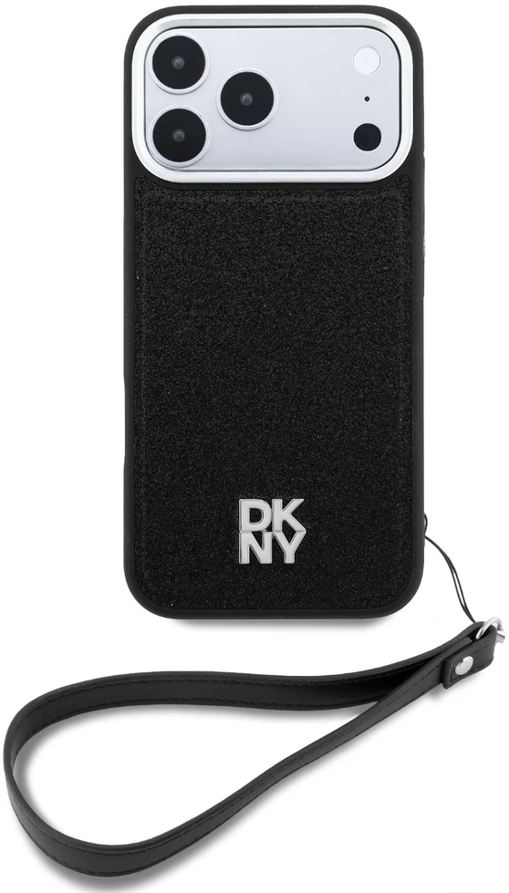 DKNY PU odos dėklas su fiksuotu blizgančiu dirželiu ir Magsafe funkcija, skirtas iPhone 18 Pro Max, juodas