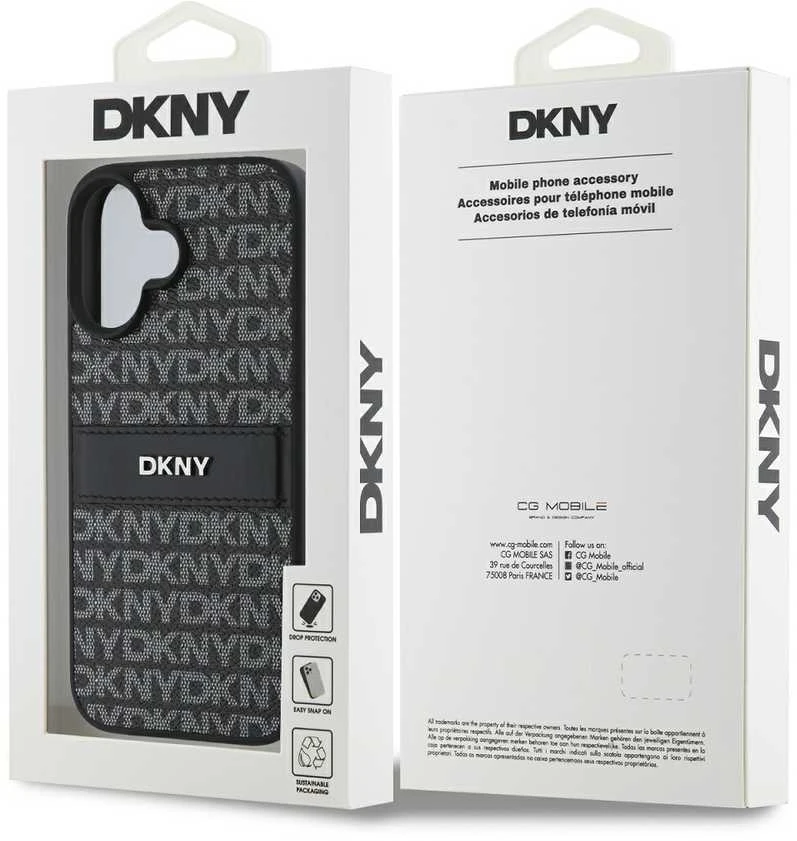 DKNY PU Leather Repeat Pattern Tonal Stripe Apple iPhone 16 Plus dėklas telefonui juodos spalvos