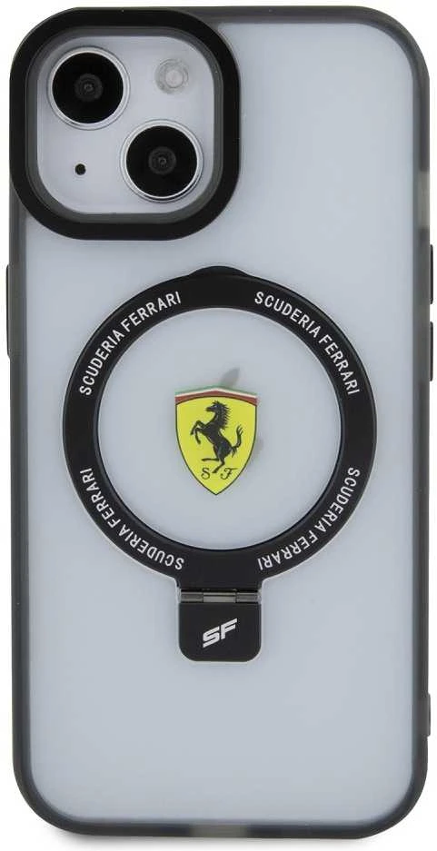 Ferrari FEHMP15SUSCAK Apple iPhone 15 / 14 /13 6.1″ juodos spalvos kietas dėklas Ring Stand 2023 Collection MagSa