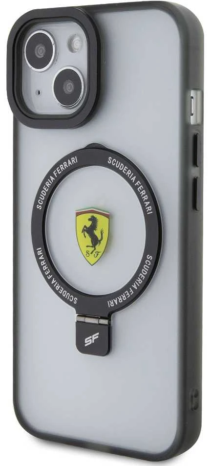 Ferrari FEHMP15SUSCAK Apple iPhone 15 / 14 /13 6.1″ juodos spalvos kietas dėklas Ring Stand 2023 Collection MagSa