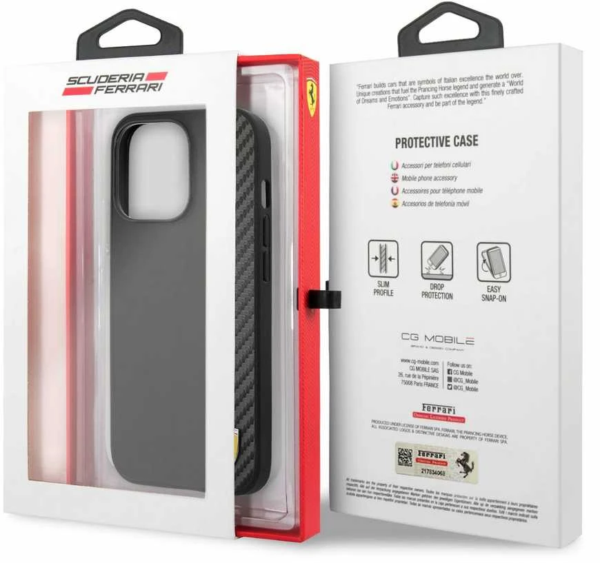 „Ferrari FESAXHCP13XBK iPhone 13 Pro Max“ 6,7 colio juodas kietas dėklas „On Track Carbon Stripe“