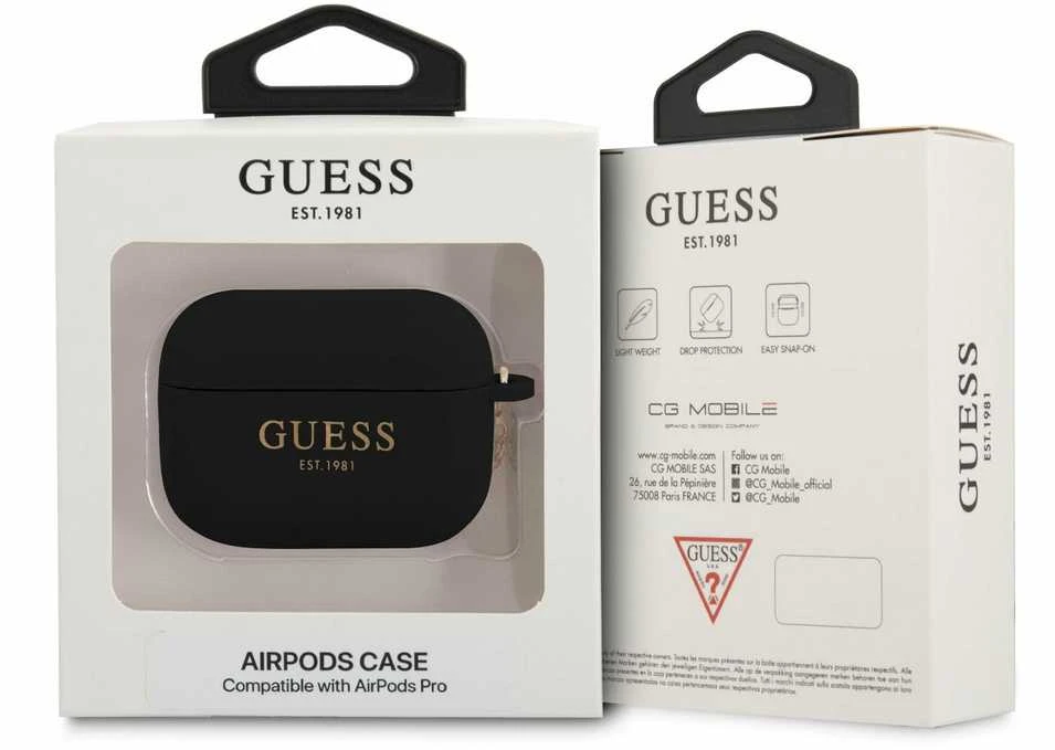 Guess GUAPLSC4EK AirPods Pro dėklas ausinėms juodos spalvos silikoninis Charm 4G Collection