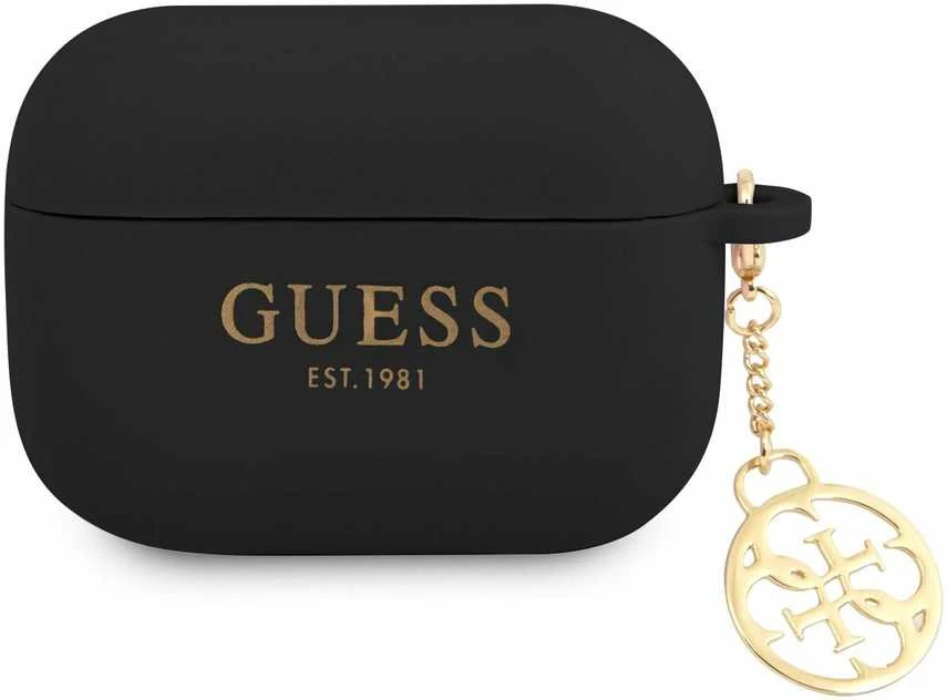 Juodas AirPods Pro dėklas su auksiniu Guess pakabuku