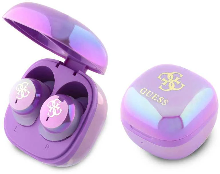 Guess Bluetooth ausinės GUTWSJ144ESU TWS + docking station violetinė Iridescent 4G Printed Logo