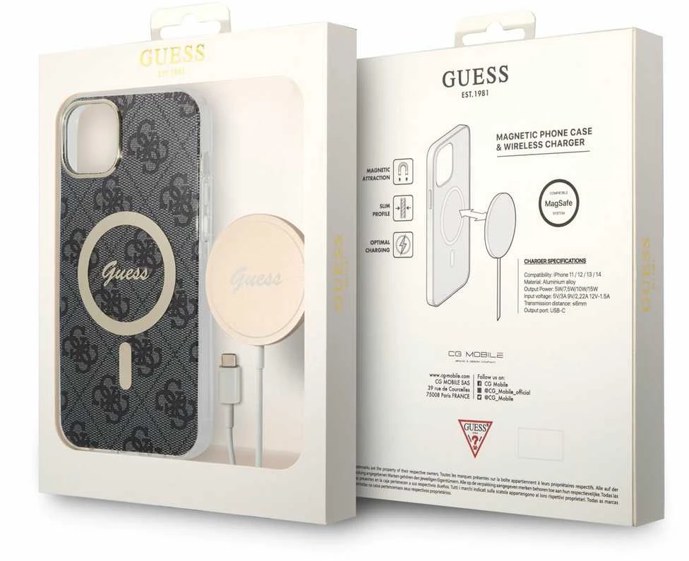 Guess Rinkinys GUBPP14MH4EACSK Dėklas+ Įkroviklis Apple iPhone 14 Plus / 15 Plus 6.7″ juodos spalvos kietas dėklas 4G Pr