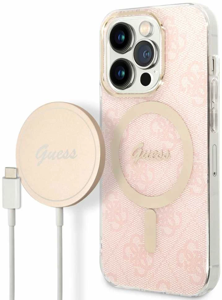 Guess Rinkinys GUBPP14LH4EACSP Dėklas+ Įkroviklis Apple iPhone 14 Pro 6,1″ rožinės spalvos kietas dėklas 4G Print MagSafe