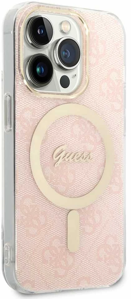 Guess Rinkinys GUBPP14LH4EACSP Dėklas+ Įkroviklis Apple iPhone 14 Pro 6,1″ rožinės spalvos kietas dėklas 4G Print MagSafe