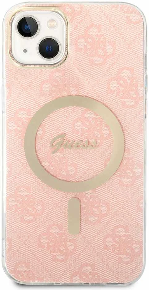 Guess Rinkinys GUBPP14MH4EACSP Dėklas+ Įkroviklis Apple iPhone 14 Plus / 15 Plus 6.7″ rožinės spalvos kietas dėklas 4G Pri