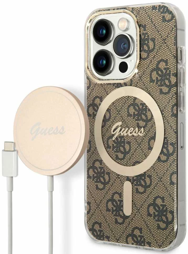 Guess Rinkinys GUBPP14LH4EACSW Dėklas+ Įkroviklis Apple iPhone 14 Pro 6,1″ rudos spalvos kietas dėklas 4G Print MagSaf