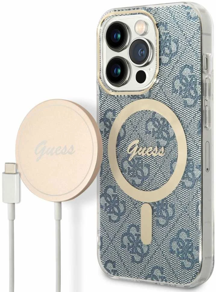Guess Rinkinys GUBPP14LH4EACSB Dėklas+ Įkroviklis iPhone 14 Pro 6,1″ mėlynas kietas dėklas 4G Print MagSa