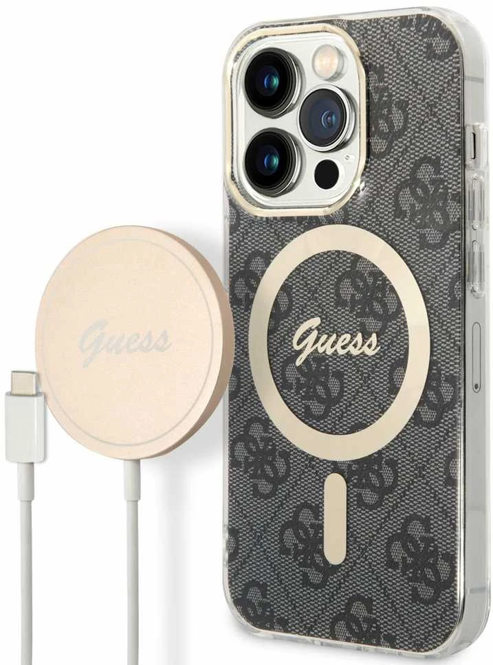 Guess Rinkinys GUBPP14LH4EACSK Dėklas+ Įkroviklis iPhone 14 Pro 6,1″ juodos spalvos kietas dėklas 4G Print MagSafe