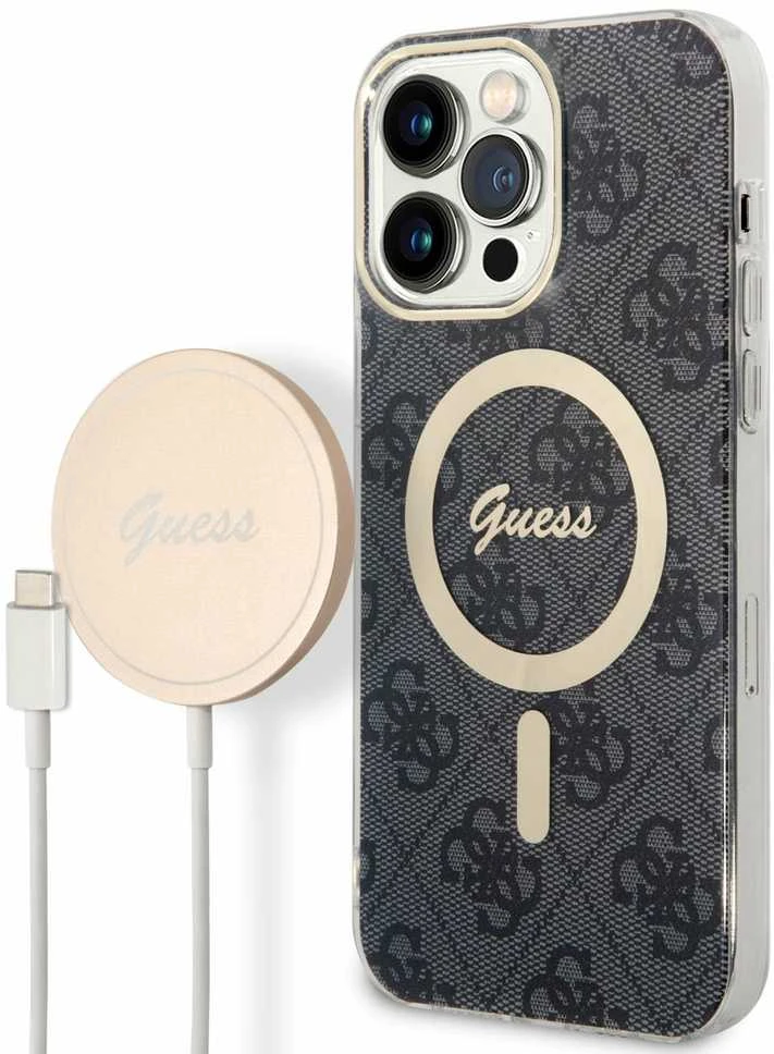 Guess Rinkinys GUBPP14XH4EACSK Dėklas+ Įkroviklis Apple iPhone 14 Pro Max 6,7″ juodos spalvos kietas dėklas 4G Print Mag