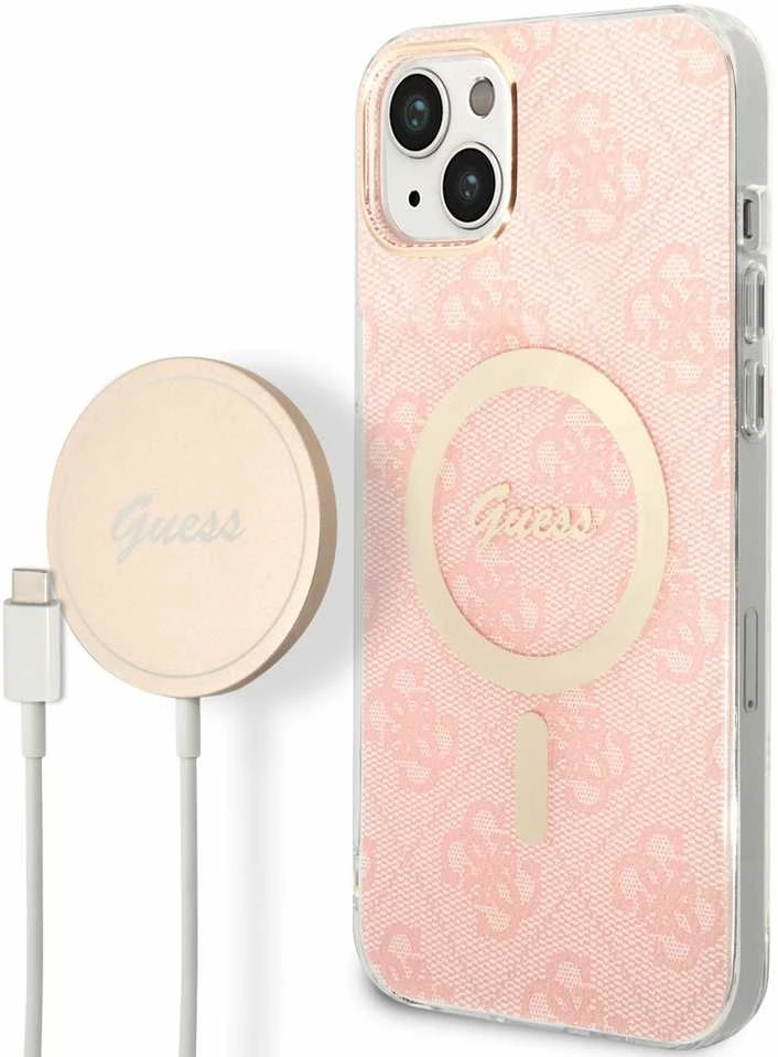 Guess Rinkinys GUBPP14MH4EACSP Dėklas+ Įkroviklis Apple iPhone 14 Plus / 15 Plus 6.7″ rožinės spalvos kietas dėklas 4G Pri