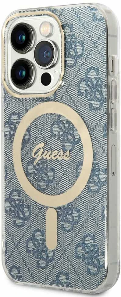 Guess Rinkinys GUBPP14LH4EACSB Dėklas+ Įkroviklis iPhone 14 Pro 6,1″ mėlynas kietas dėklas 4G Print MagSa