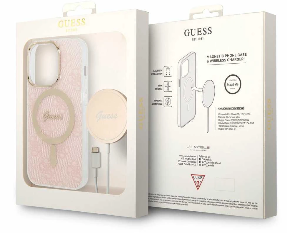 Guess Rinkinys GUBPP14LH4EACSP Dėklas+ Įkroviklis Apple iPhone 14 Pro 6,1″ rožinės spalvos kietas dėklas 4G Print MagSafe