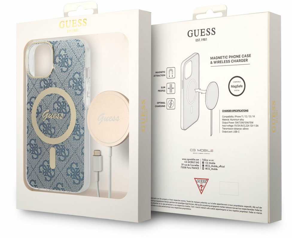 Apple iPhone 14 Guess dėklas 4G Print MagSafe + Belaidis Įkroviklis (GUBPP14XHJEACSA) mėlynos spalvos