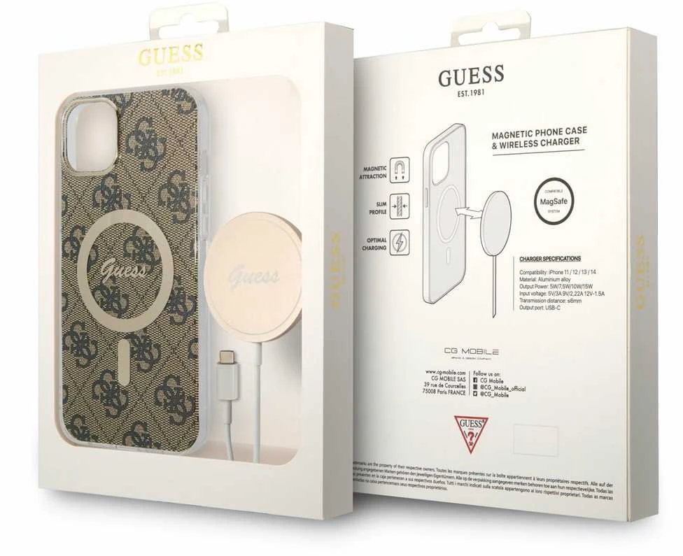 Guess set telefono dėklas + pakrovėjas iPhone 14 Plus 6,7 GUBPP14MH4EACSW ruda hard telefono dėklas 4G Print MagSafe