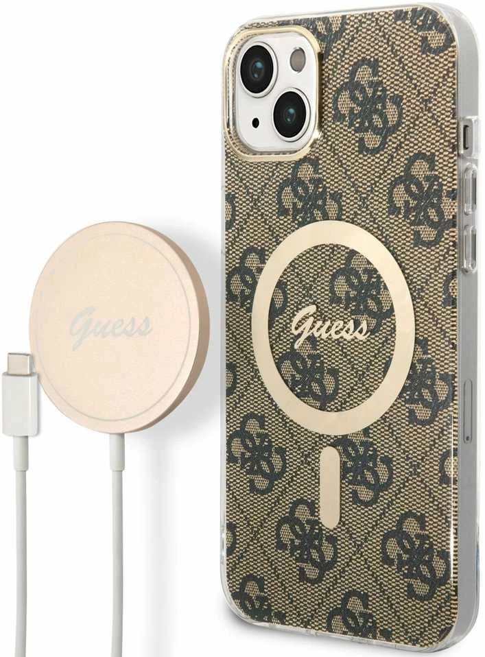 Guess set telefono dėklas + pakrovėjas iPhone 14 Plus 6,7 GUBPP14MH4EACSW ruda hard telefono dėklas 4G Print MagSafe