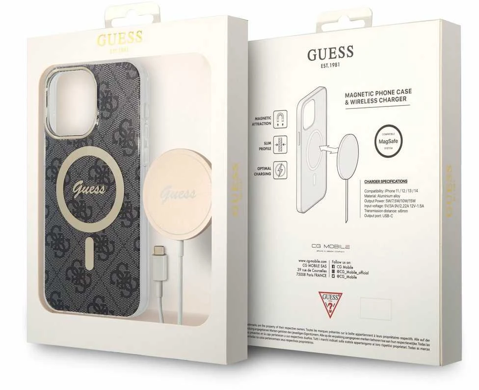 Guess Rinkinys GUBPP14XH4EACSK Dėklas+ Įkroviklis Apple iPhone 14 Pro Max 6,7″ juodos spalvos kietas dėklas 4G Print Mag
