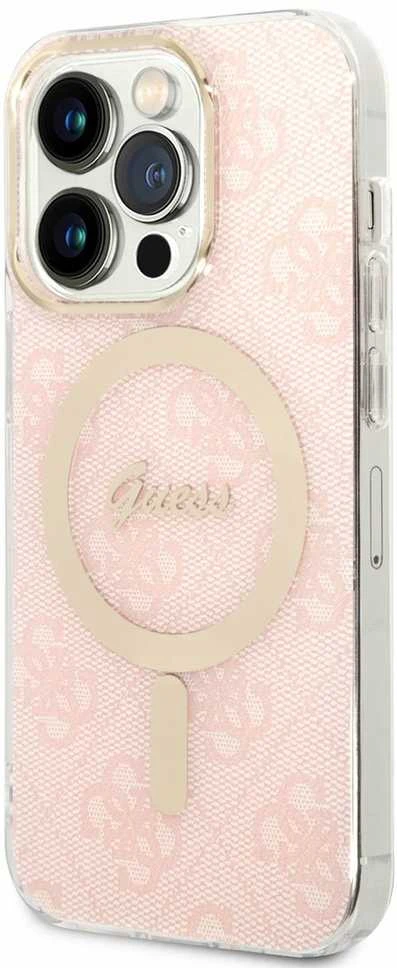 Guess Rinkinys GUBPP14LH4EACSP Dėklas+ Įkroviklis Apple iPhone 14 Pro 6,1″ rožinės spalvos kietas dėklas 4G Print MagSafe