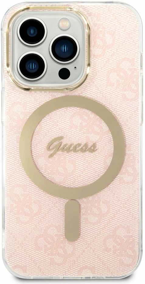 Guess Rinkinys GUBPP14LH4EACSP Dėklas+ Įkroviklis Apple iPhone 14 Pro 6,1″ rožinės spalvos kietas dėklas 4G Print MagSafe