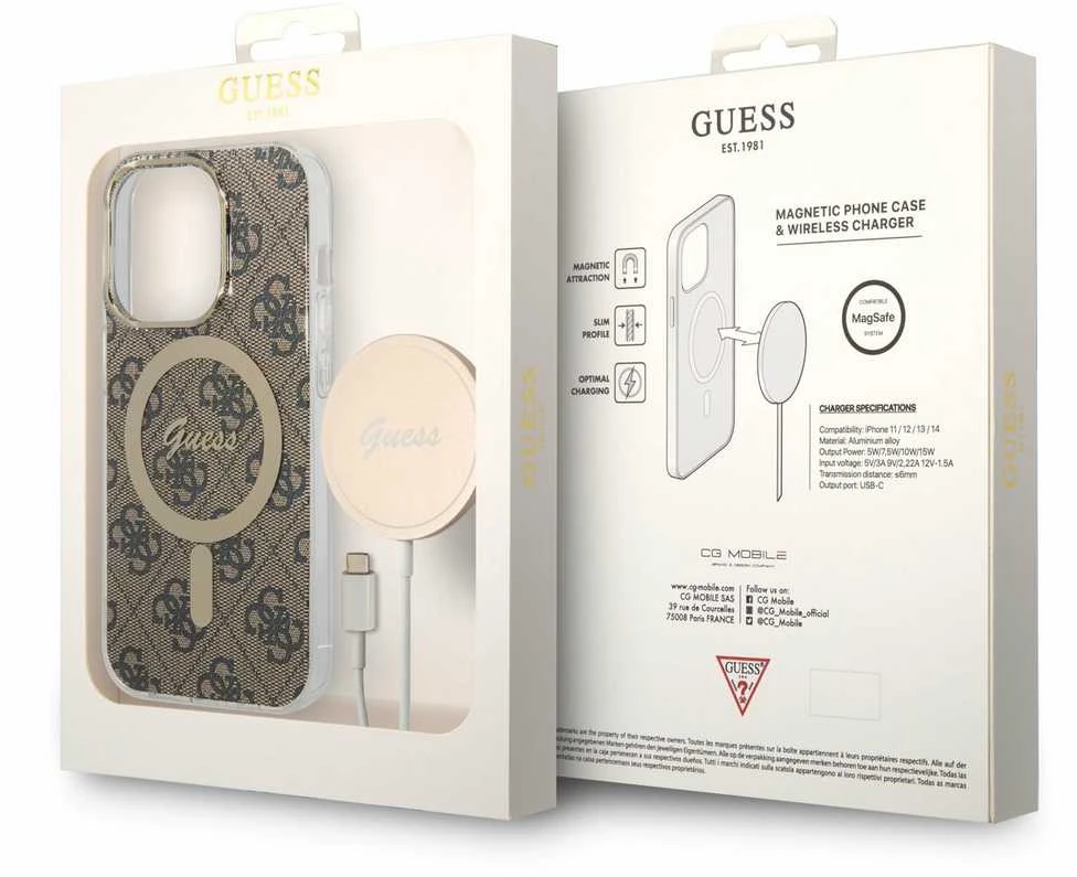 Guess Rinkinys GUBPP14LH4EACSW Dėklas+ Įkroviklis Apple iPhone 14 Pro 6,1″ rudos spalvos kietas dėklas 4G Print MagSaf