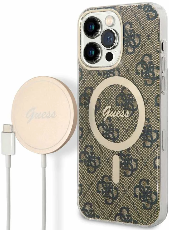 Guess Rinkinys GUBPP14XH4EACSW Dėklas+ Įkroviklis Apple iPhone 14 Pro Max 6,7″ rudos spalvos kietas dėklas 4G Print Ma