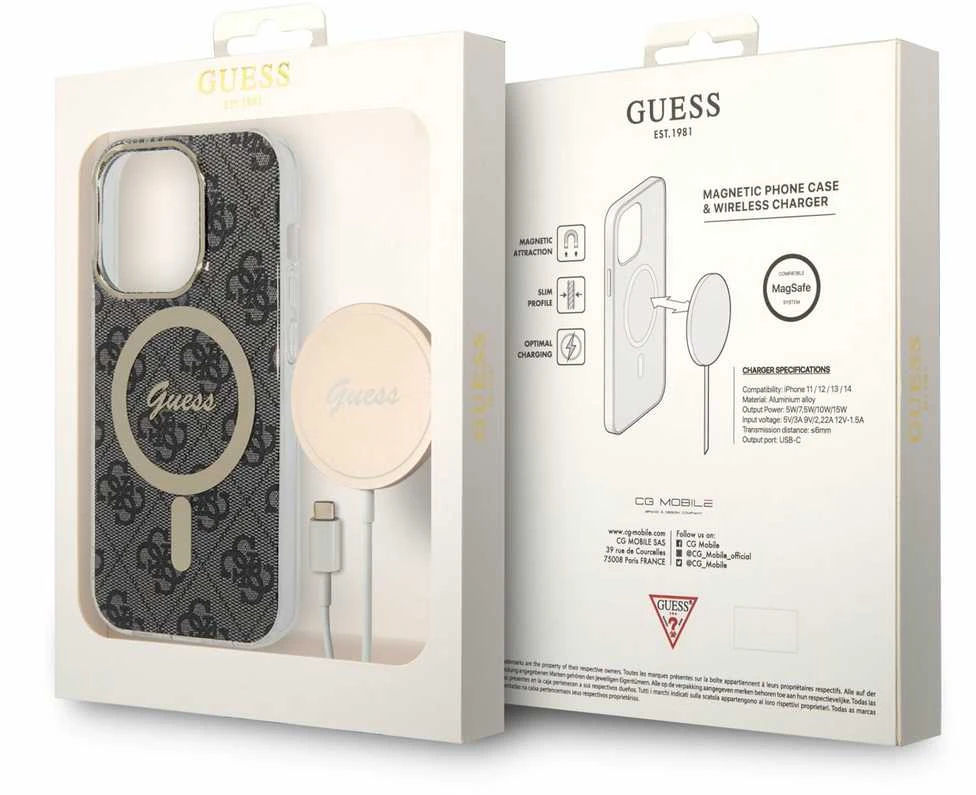 Guess Rinkinys GUBPP14LH4EACSK Dėklas+ Įkroviklis iPhone 14 Pro 6,1″ juodos spalvos kietas dėklas 4G Print MagSafe