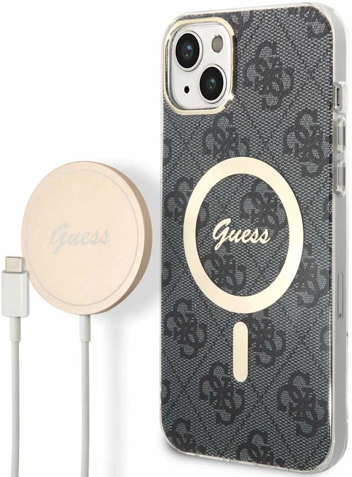Guess Rinkinys GUBPP14MH4EACSK Dėklas+ Įkroviklis Apple iPhone 14 Plus / 15 Plus 6.7″ juodos spalvos kietas dėklas 4G Pr