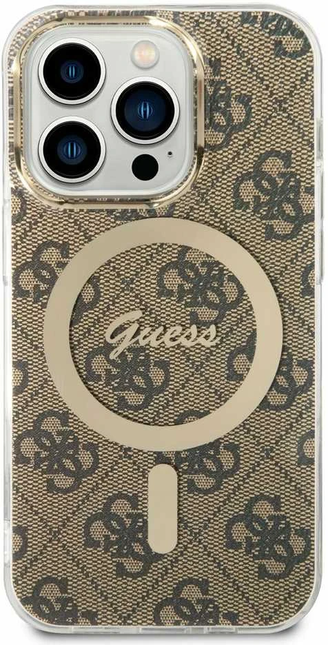 Guess Rinkinys GUBPP14LH4EACSW Dėklas+ Įkroviklis Apple iPhone 14 Pro 6,1″ rudos spalvos kietas dėklas 4G Print MagSaf