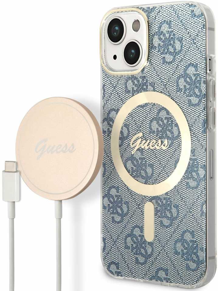 Apple iPhone 14 Guess dėklas 4G Print MagSafe + Belaidis Įkroviklis (GUBPP14XHJEACSA) mėlynos spalvos