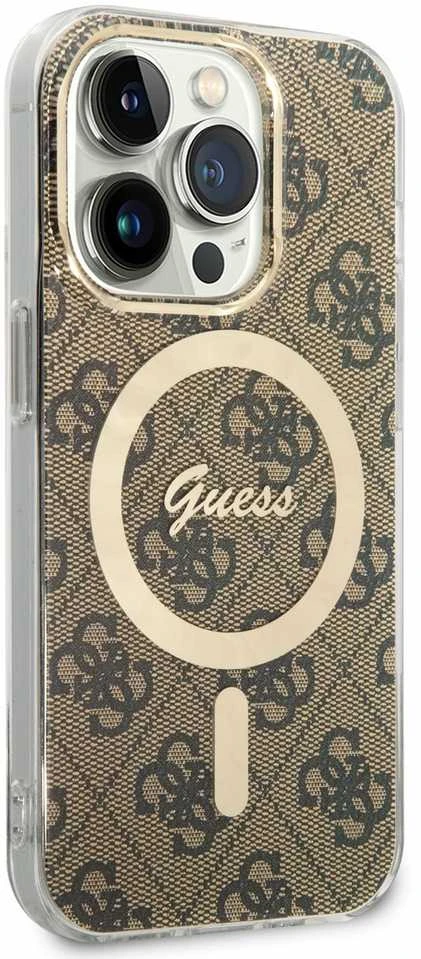 Guess Rinkinys GUBPP14LH4EACSW Dėklas+ Įkroviklis Apple iPhone 14 Pro 6,1″ rudos spalvos kietas dėklas 4G Print MagSaf