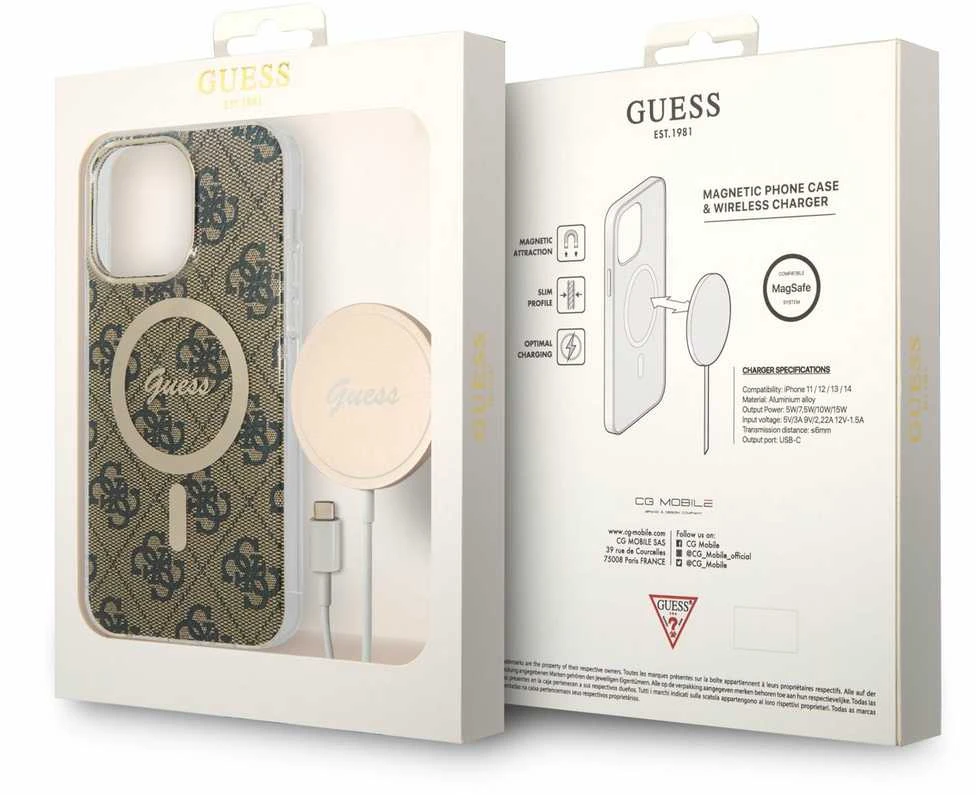 Guess Rinkinys GUBPP14XH4EACSW Dėklas+ Įkroviklis Apple iPhone 14 Pro Max 6,7″ rudos spalvos kietas dėklas 4G Print Ma
