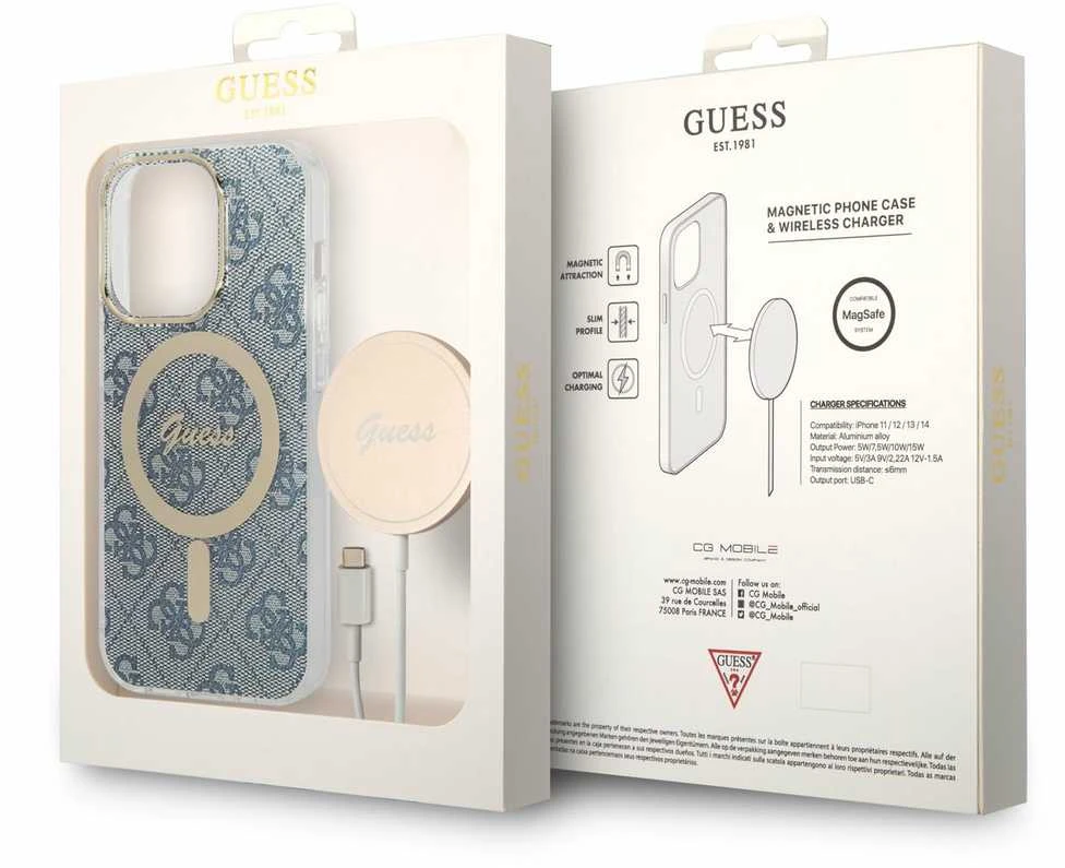 Guess Rinkinys GUBPP14LH4EACSB Dėklas+ Įkroviklis iPhone 14 Pro 6,1″ mėlynas kietas dėklas 4G Print MagSa