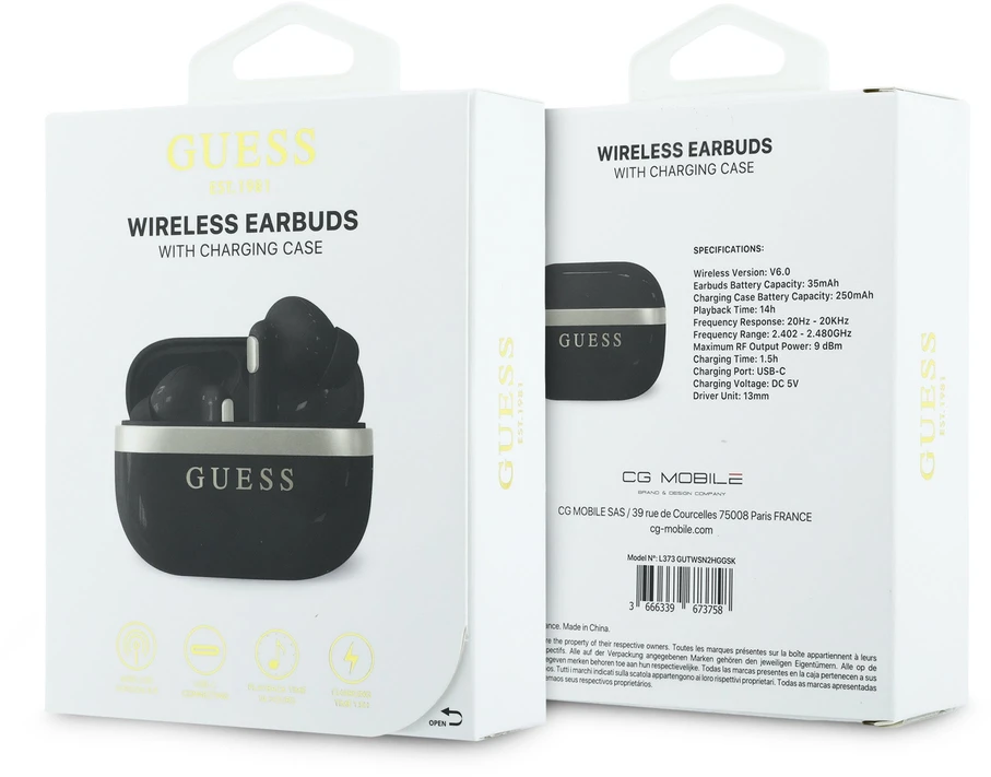 Guess Auksinė Line blizgaus paviršiaus TWS belaidės ausinės, juodos